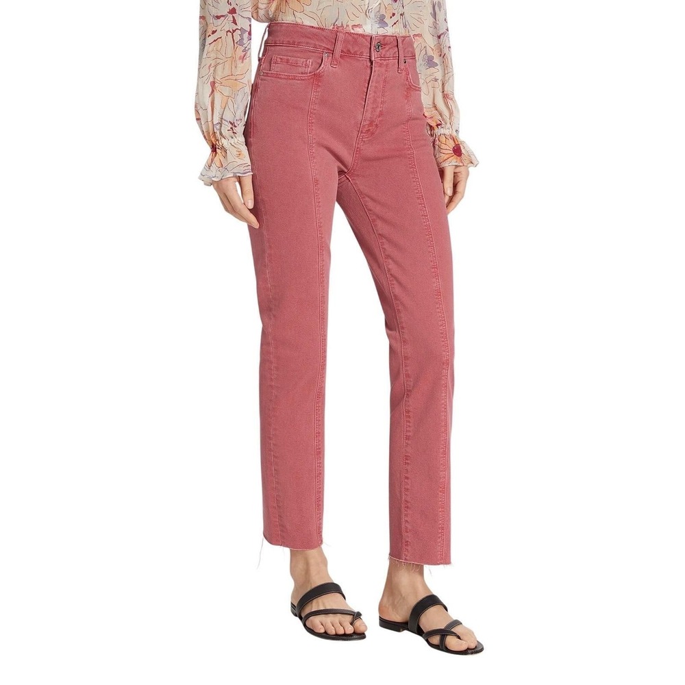 $229 PAIGE Cindy High Rise Straight Leg Seamed Jeans SIZE 31 Coral Pink Raw Hem